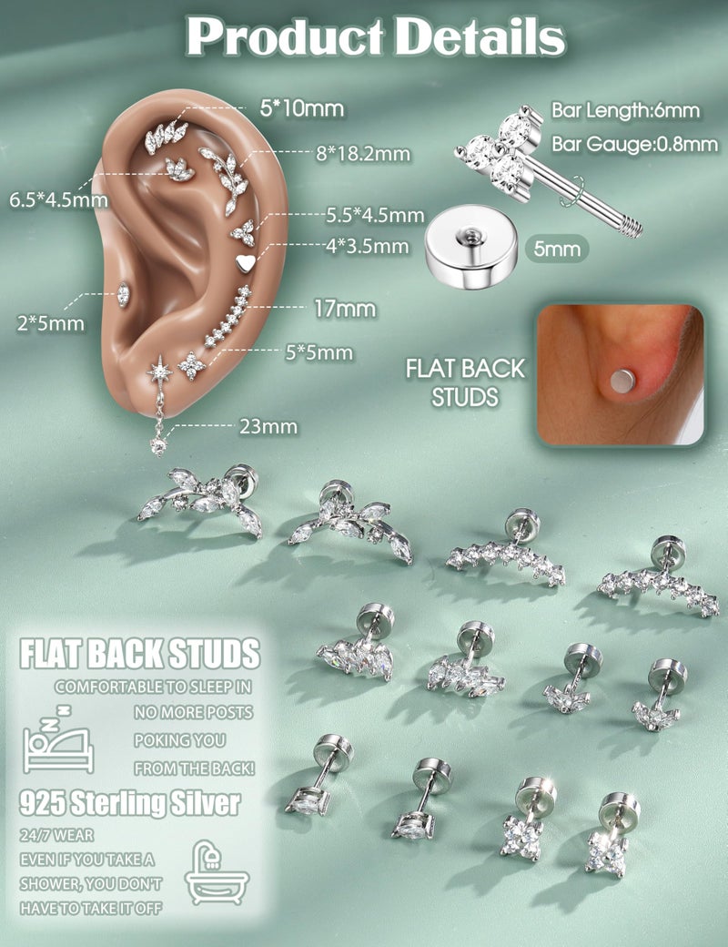 LOYALLOOK 925 Sterling Silver Flat Back Stud Earrings for Women Hypoallergenic | Silver Cartilage Earrings for Sensitive Ears | Small CZ Helix Conch Tragus Piercing Jewelry 20G Square CZ - Image 5
