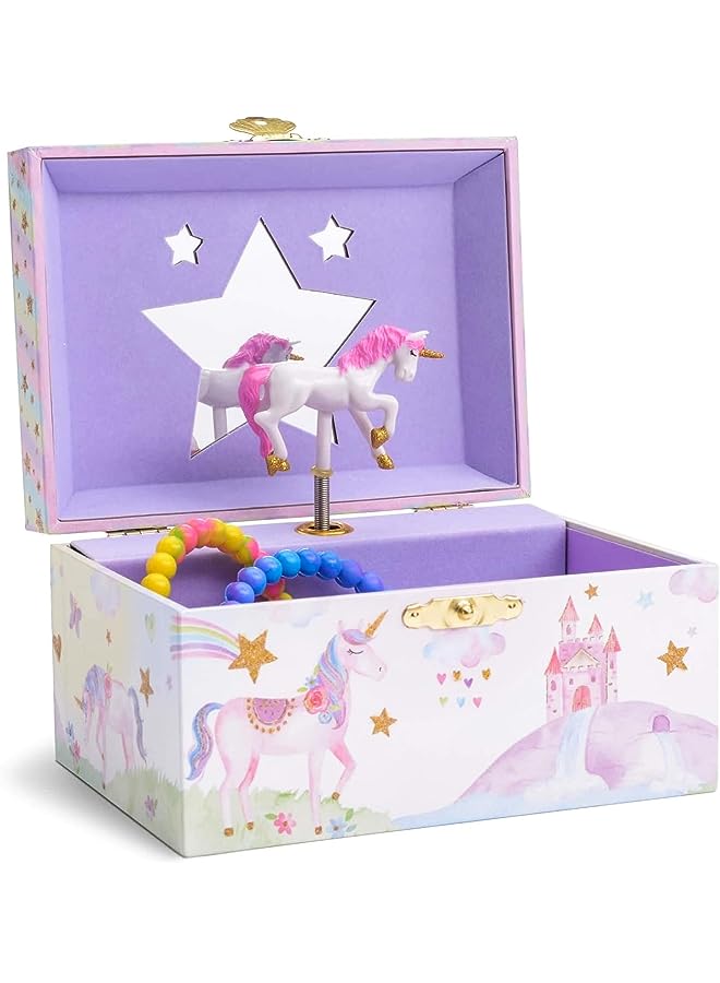 JewelKeeper Girl's Musical Jewelry Storage Box with Spinning Unicorn, Glitter Rainbow and Stars Design, The Beautiful Dreamer Tune - Image 1