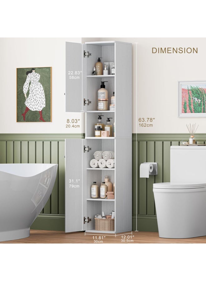 Chogori 6-Tier Tall Skinny Cabinet with 2 Doors, 64" Narrow Storage Cabinet with Adjustable Shelves, for Small Spaces, Bathroom, Kitchen, Hallway, Anti-Tip Kit Included, White - Image 2