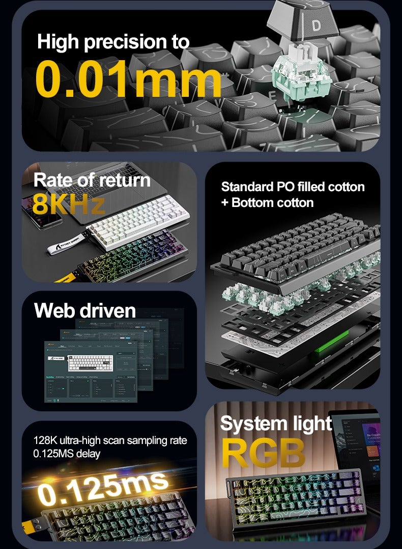 Attack Shark X68HE Wired Magnetic Gaming Keyboard, 0.01mm Adjustable Actuation, 8kHz Polling Rate, RGB Backlight, Side-Printed PBT Keycaps, 100M Lifespan Hall Effect Switches, 65% Layout (Moon Night Black) - Image 2