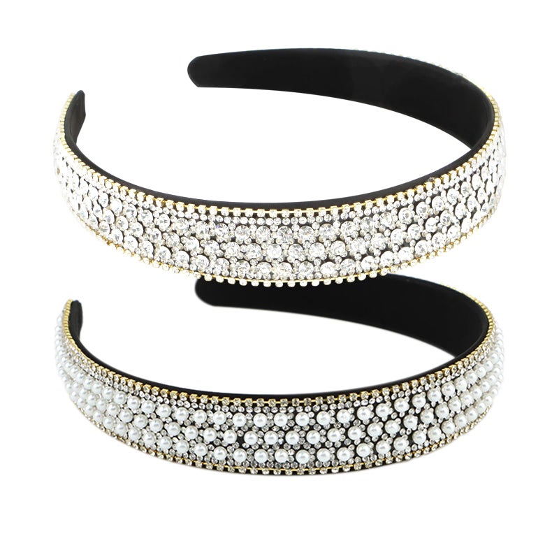 YISSION 2 PCS Headbands for Women Rhinestone Headband Pearl Head band Glitter Crystal Headband Fashion Jeweled Headbands for Girls Gorgeous Hair Accessories for Women Silver White