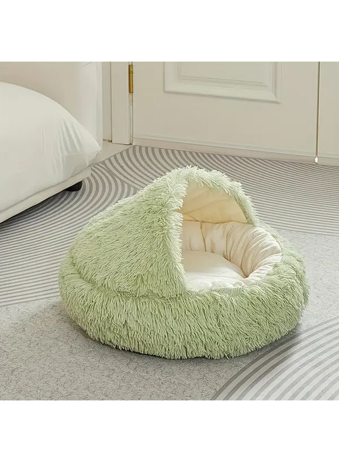 Grey Cat Bed With Warm Plush Cover Semi Enclosed Anti Kick Design Machine Washable 50cm - Image 5