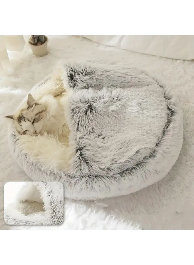 Grey Cat Bed With Warm Plush Cover Semi Enclosed Anti Kick Design Machine Washable 50cm - Image 4