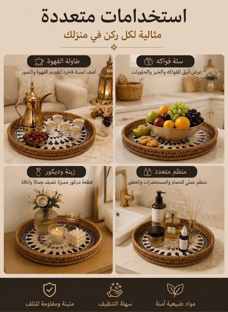 MYONE Luxury Rattan Serving Tray Set of 2, Handmade Round Woven Tray with Mother of Pearl Inlay, Boho Coffee Table Decor Basket for Fruit, Bread, Drinks, Kitchen, Dining Room and Home Decoration 35cm + 30cm - Image 5