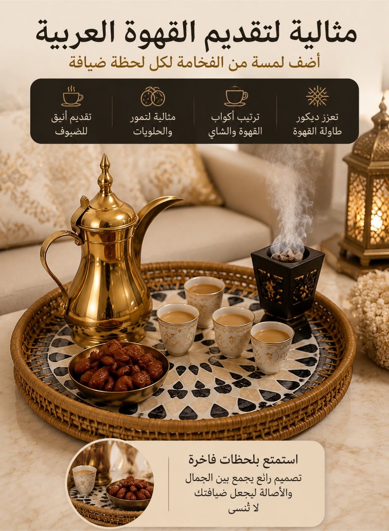 MYONE Luxury Rattan Serving Tray Set of 2, Handmade Round Woven Tray with Mother of Pearl Inlay, Boho Coffee Table Decor Basket for Fruit, Bread, Drinks, Kitchen, Dining Room and Home Decoration 35cm + 30cm - Image 4