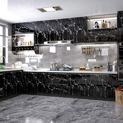 WALLTON Wall Stickers Marble Wallpaper Furniture (16 x 48 Inch) Kitchen Cabinets, Almirah, Plastic & Wooden Tabletop, Wardrobe, Makeover PVC DIY Self Adhesive, Black & Golden Marble Glossy - Image 3