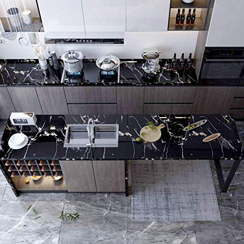 WALLTON Wall Stickers Marble Wallpaper Furniture (16 x 48 Inch) Kitchen Cabinets, Almirah, Plastic & Wooden Tabletop, Wardrobe, Makeover PVC DIY Self Adhesive, Black & Golden Marble Glossy - Image 4