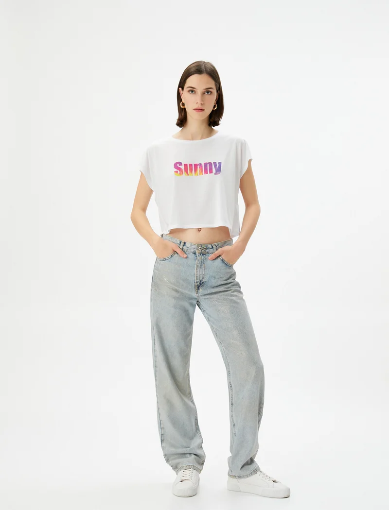 كوتون Short Sleeve Crew Neck Printed Crop T-Shirt