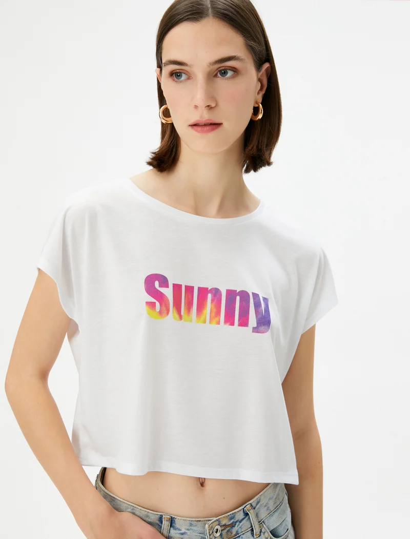 كوتون Short Sleeve Crew Neck Printed Crop T-Shirt