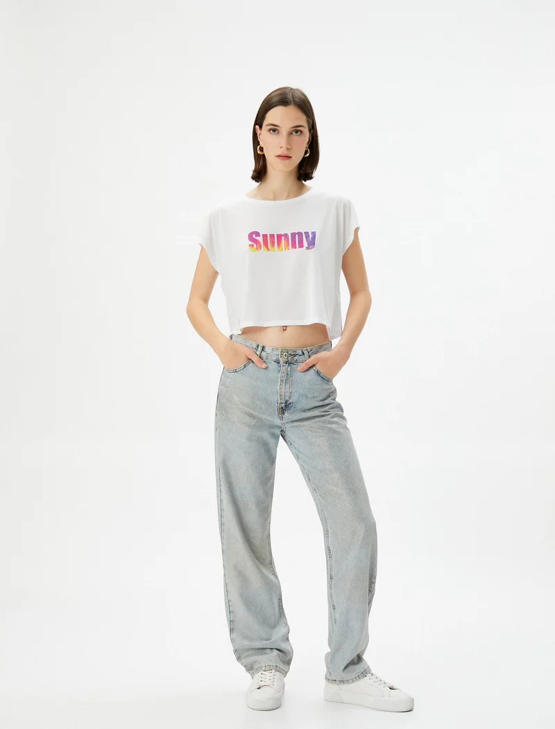 كوتون Short Sleeve Crew Neck Printed Crop T-Shirt