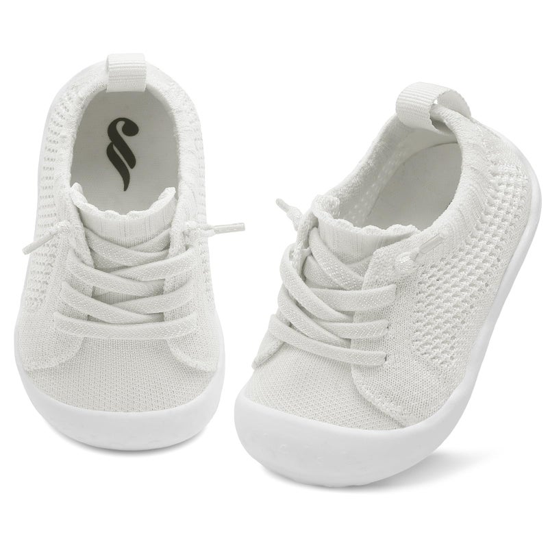 JIASUQI Infant First Walkers Shoes for Baby Sneaker Barefoot Shoes for Toddler Boys Girls White 6-12 Months - Image 1