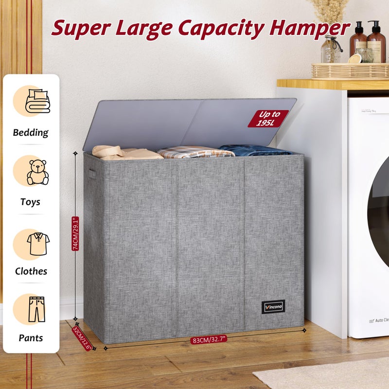 Vincona 195L Laundry Hamper 3 Section,Large Laundry Hamper with Lid,Dirty Clothes Hamper with 3 Inner Bags,Collapsible Laundry Basket Organizer for Laundry Room,Bedroom,Laundry Sorter Hamper 3 Compartment - Image 2