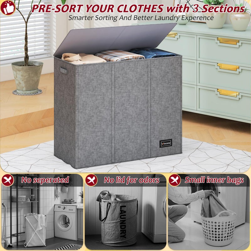 Vincona 195L Laundry Hamper 3 Section,Large Laundry Hamper with Lid,Dirty Clothes Hamper with 3 Inner Bags,Collapsible Laundry Basket Organizer for Laundry Room,Bedroom,Laundry Sorter Hamper 3 Compartment - Image 3