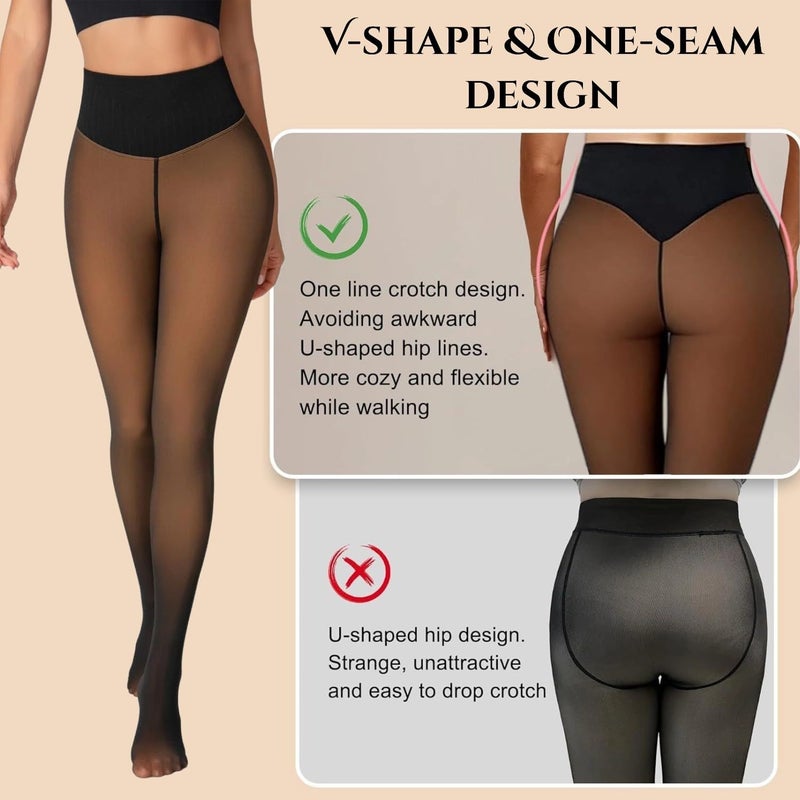 Apriddeo Women's Fake Sheer Thermal Tights - One-Seam Fleece Lined Leggings with Tummy Control & Butt Lifting - Image 2