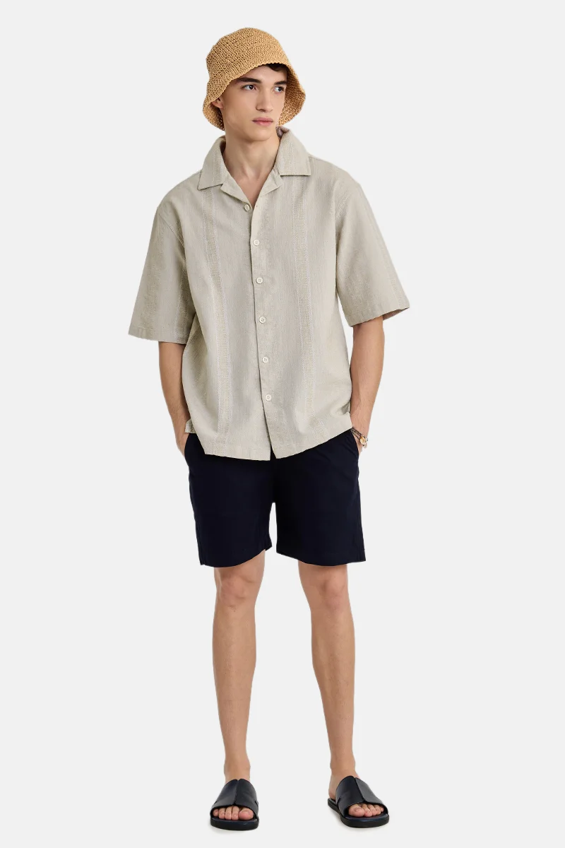 سنيتش Beige Textured Half Sleeve Oversized Shirt