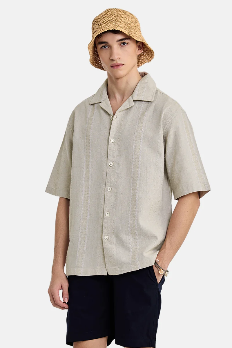 سنيتش Beige Textured Half Sleeve Oversized Shirt