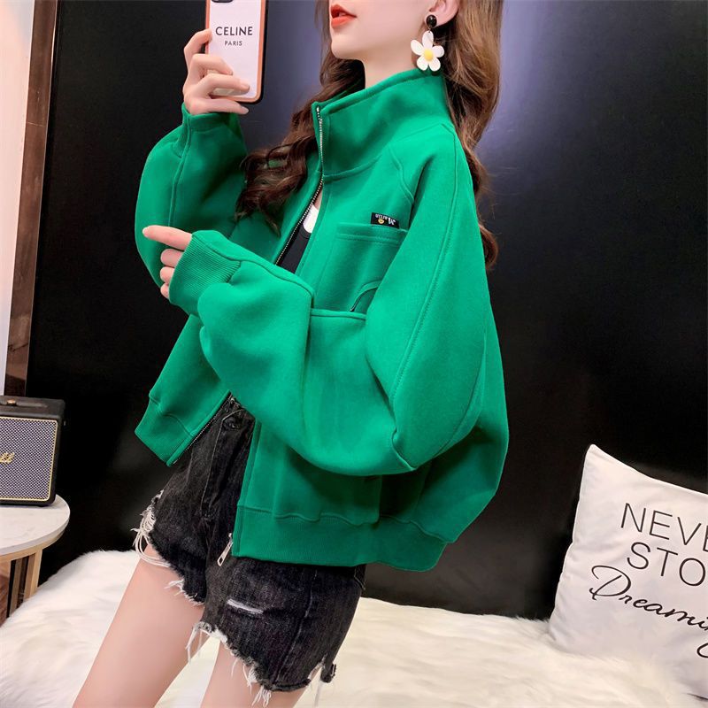 2024 New Short Jacket Zip-Up Hoodie for Women Spring Autumn Green 9481 [Spring and Autumn New]]