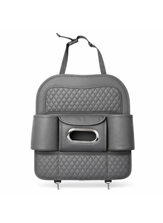Manful Car Back Seat Organizer with Tissue Box Holder & Cup Holders – PU Leather Auto Seat Back Storage Pocket, Kick Mats Protector (Grey) - Image 1