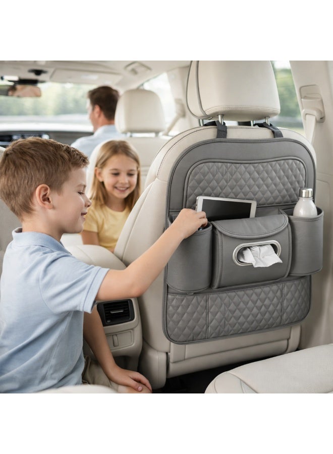 Manful Car Back Seat Organizer with Tissue Box Holder & Cup Holders – PU Leather Auto Seat Back Storage Pocket, Kick Mats Protector (Grey) - Image 3