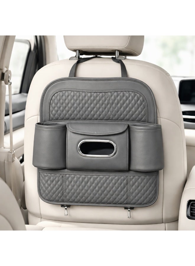 Manful Car Back Seat Organizer with Tissue Box Holder & Cup Holders – PU Leather Auto Seat Back Storage Pocket, Kick Mats Protector (Grey) - Image 2