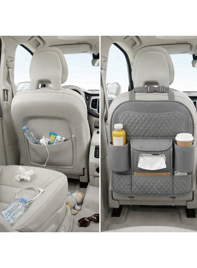 Manful Car Back Seat Organizer with Tissue Box Holder & Cup Holders – PU Leather Auto Seat Back Storage Pocket, Kick Mats Protector (Grey) - Image 5