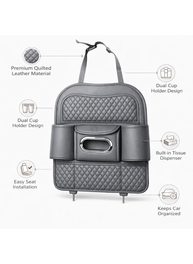 Manful Car Back Seat Organizer with Tissue Box Holder & Cup Holders – PU Leather Auto Seat Back Storage Pocket, Kick Mats Protector (Grey) - Image 4
