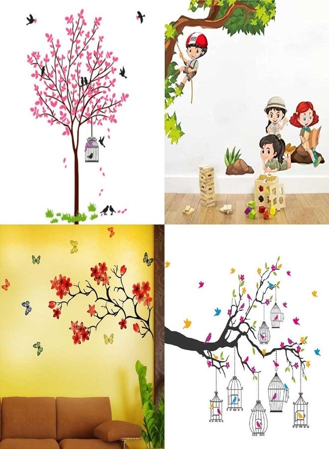 WALLBOOK Set of 4 Wall Stickers Pink Tree with Bird and Nest| Free Bird case Black| Kids Under The Tree| Love Birds with Hearts - Image 1