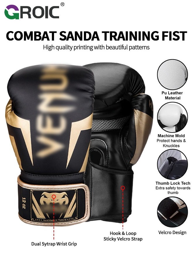 GROIC - 12OZ Boxing Gloves PU Leather, Muay Thai Kickboxing MMA Sparring Training, Advanced TAKKA Closure, Padding, Punch Bags Speed Ball Focus Pads Workout(Black) - Image 1