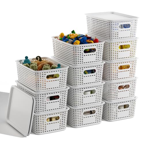 BOBIBOSS White Plastic Storage Baskets with Lids 12 Pack Stackable Storage Bins Containers for Shelves Organizing, Cute Decorative Storage Boxes for Classroom, Playroom, Closet, Pantry - Image 1
