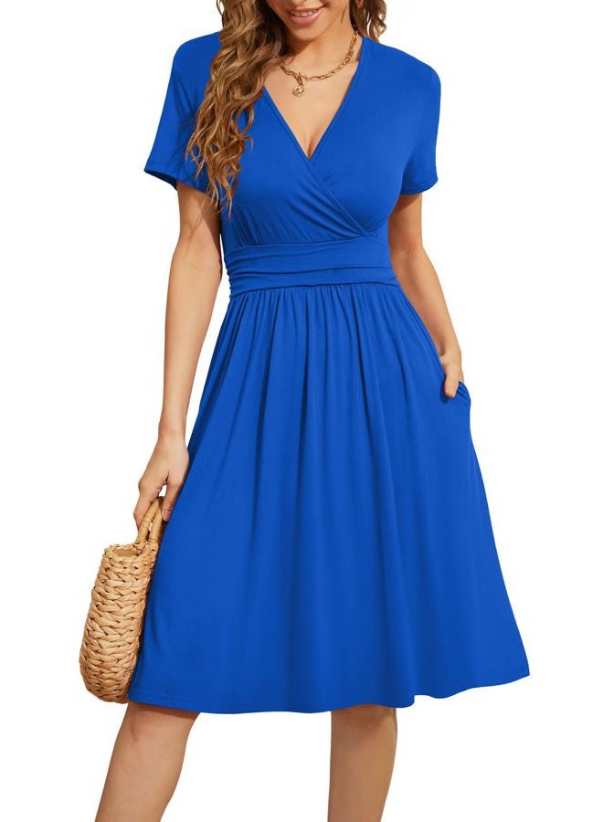 WEACZZY Short Sleeve Casual Dresses with Pockets, Blue, XL - Image 1
