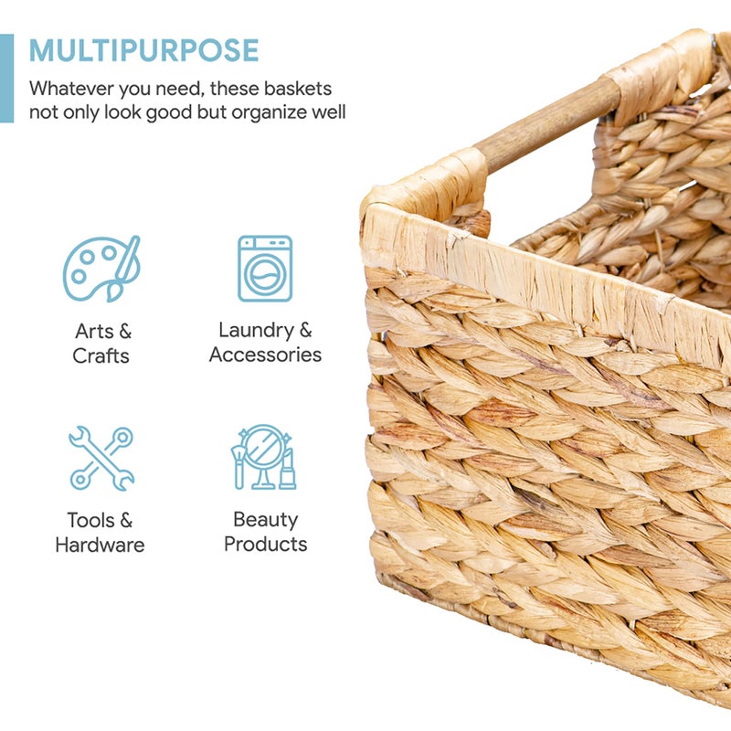 VATIMA Large Rectangular Wicker Basket with Wooden Handles for Shelves and Storage - Natural Water Hyacinth Basket for Organizing, 14.5 x 10.3 x 7.5 inches - Image 2