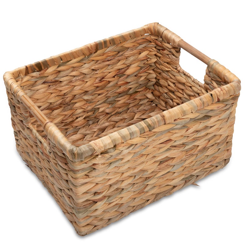 VATIMA Large Rectangular Wicker Basket with Wooden Handles for Shelves and Storage - Natural Water Hyacinth Basket for Organizing, 14.5 x 10.3 x 7.5 inches - Image 1