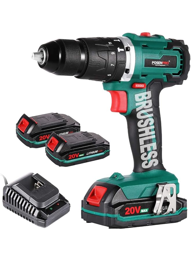 erorex Cordless Drill Driver Brushless 20V Hammer Drill With 2Pcs 2.0Ah Battery Combi Drill Set 50N.M Electric Screwdriver 19+3 Torque 2 Variable Speed 1 2 Inch Metal Chuck Impact Drill - Image 1