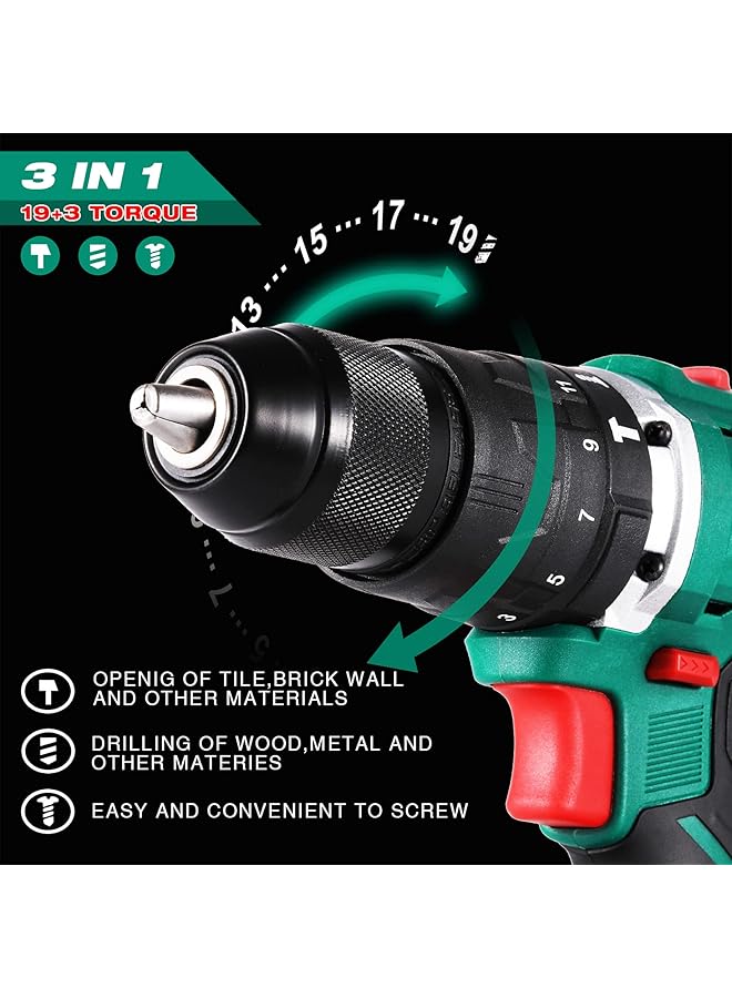 erorex Cordless Drill Driver Brushless 20V Hammer Drill With 2Pcs 2.0Ah Battery Combi Drill Set 50N.M Electric Screwdriver 19+3 Torque 2 Variable Speed 1 2 Inch Metal Chuck Impact Drill - Image 4