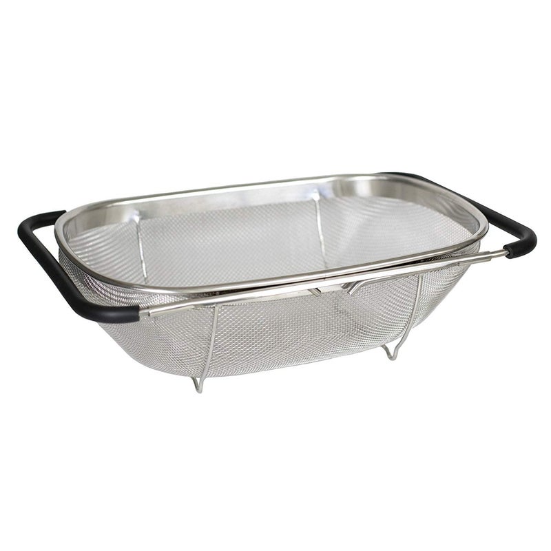 RIVUGJA Over The Sink Stainless Steel Oval Colander with Fine Mesh 6 Quart Strainer Basket Expandable Rubber Grip Handles Strain Drain Rinse Fruits Vegetables - Image 1