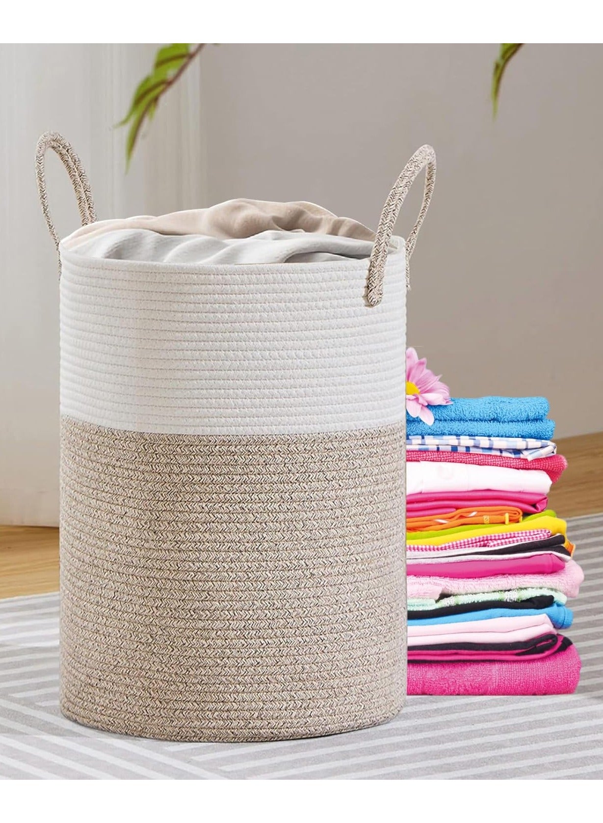60L Woven Cotton Rope Laundry Hamper - Large Decorative Laundry Basket with Handles, Durable Clothes Storage Organizer for Bedroom, Bathroom, and Nursery 20Hx15W Inch - Brown/White