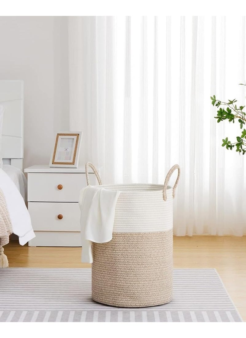 Taizz Ventures 60L Woven Cotton Rope Laundry Hamper - Large Decorative Laundry Basket with Handles, Durable Clothes Storage Organizer for Bedroom, Bathroom, and Nursery 20Hx15W Inch - Brown/White  - Image 4