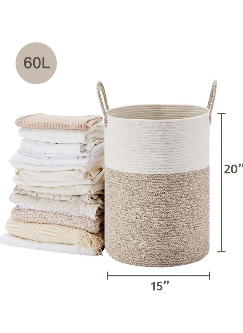 Taizz Ventures 60L Woven Cotton Rope Laundry Hamper - Large Decorative Laundry Basket with Handles, Durable Clothes Storage Organizer for Bedroom, Bathroom, and Nursery 20Hx15W Inch - Brown/White  - Image 5