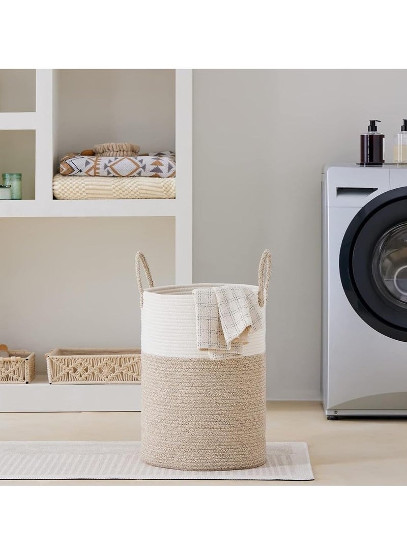 60L Woven Cotton Rope Laundry Hamper - Large Decorative Laundry Basket with Handles, Durable Clothes Storage Organizer for Bedroom, Bathroom, and Nursery 20Hx15W Inch - Brown/White