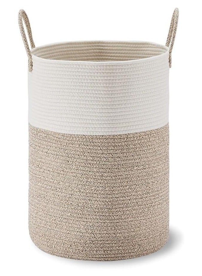 60L Woven Cotton Rope Laundry Hamper - Large Decorative Laundry Basket with Handles, Durable Clothes Storage Organizer for Bedroom, Bathroom, and Nursery 20Hx15W Inch - Brown/White