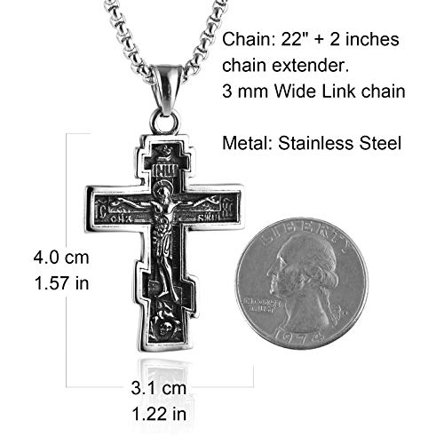 HZMAN Vintage Orthodox Cross Crucifix Stainless Steel Pendant Necklace 22+2 Inches Chain, Colour Silver Gold Black - Image 5