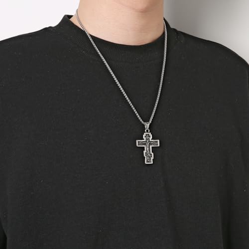 HZMAN Vintage Orthodox Cross Crucifix Stainless Steel Pendant Necklace 22+2 Inches Chain, Colour Silver Gold Black - Image 2