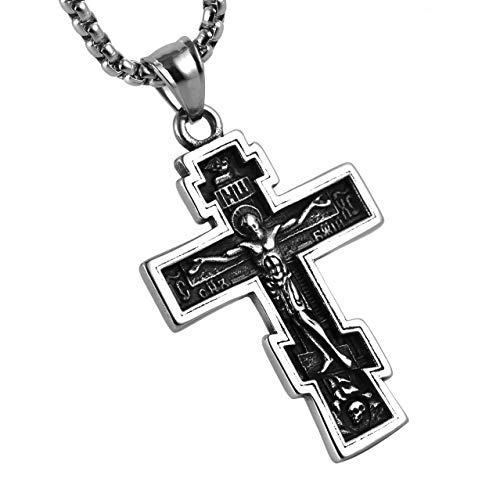 HZMAN Vintage Orthodox Cross Crucifix Stainless Steel Pendant Necklace 22+2 Inches Chain, Colour Silver Gold Black - Image 1