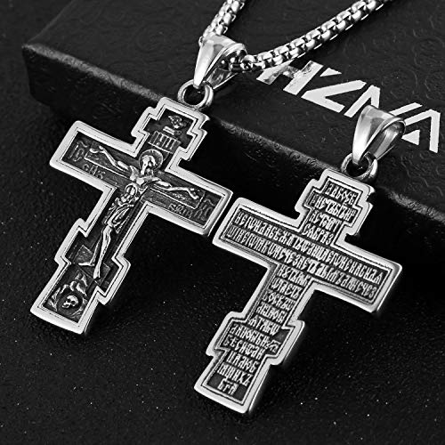 HZMAN Vintage Orthodox Cross Crucifix Stainless Steel Pendant Necklace 22+2 Inches Chain, Colour Silver Gold Black - Image 3