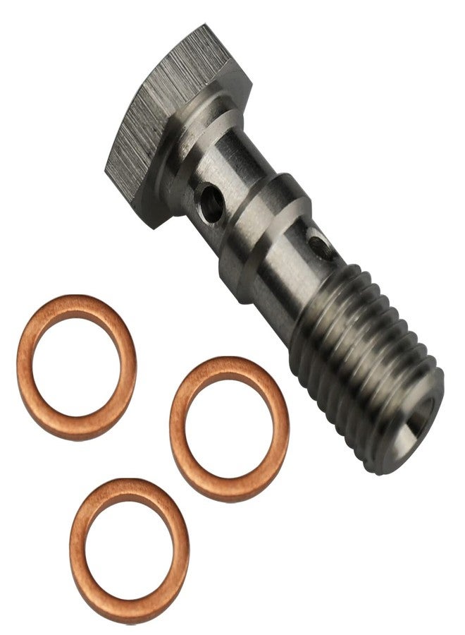 KRD Performance Universal Stainless Steel M10x1.0 Metric Thread Turbo Brake Line Banjo Bolt with M10 Copper Washers, Double Banjo Bolt 38mm Length - Image 1