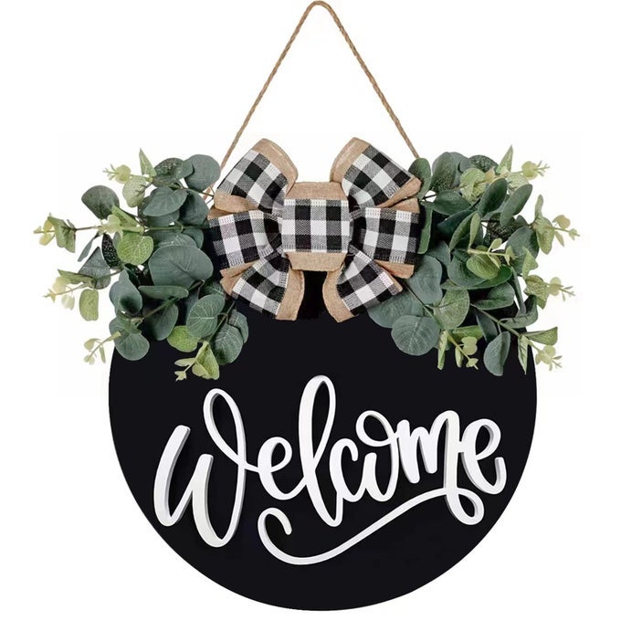 WELCOME SIGN FOR FRONT DOOR PORCH DECOR FARMHOUSE WREATH WALL DECOR 30CM ROUND WOODEN HANGING HOUSEWARMING HOME DECOR FOR HOME OUTDOOR INDOOR BLACK