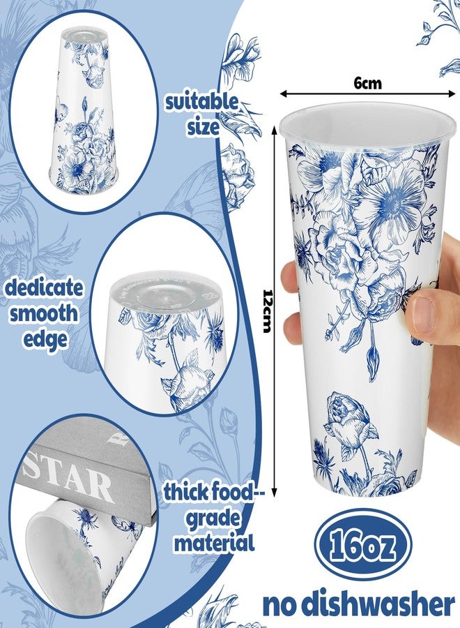 Layhit 50 Pcs 16 oz Blue and White Flower Disposable Cups Blue Chinoiserie Flower Plastic Cups Floral Party Decorations Hot Cold Drinks for Birthday, Bridal Shower, Tea Wedding Party - Image 3