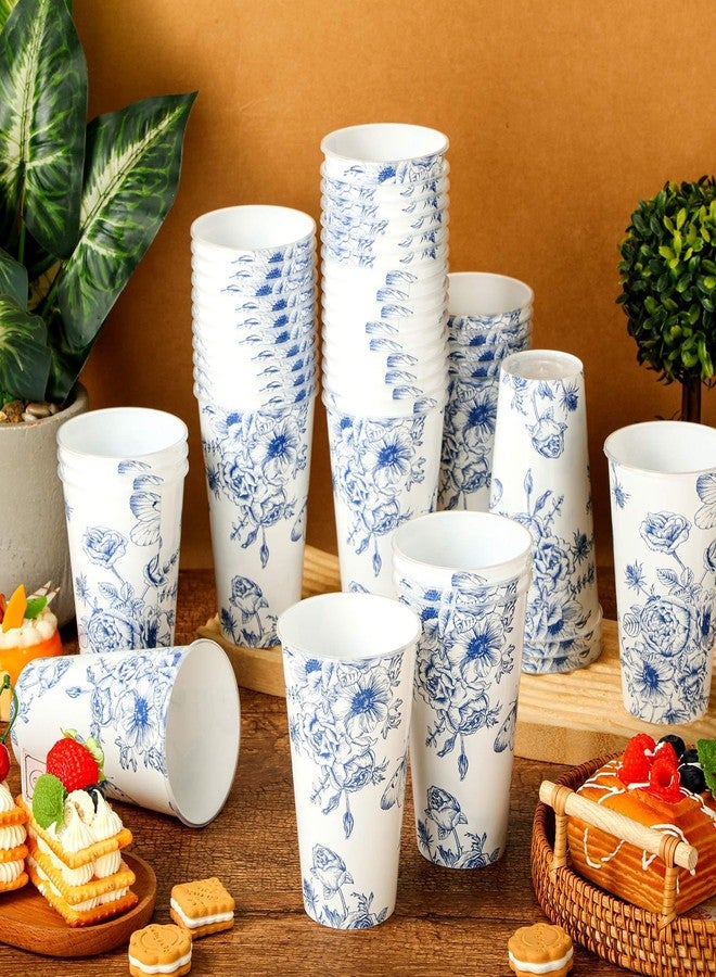 Layhit 50 Pcs 16 oz Blue and White Flower Disposable Cups Blue Chinoiserie Flower Plastic Cups Floral Party Decorations Hot Cold Drinks for Birthday, Bridal Shower, Tea Wedding Party - Image 1