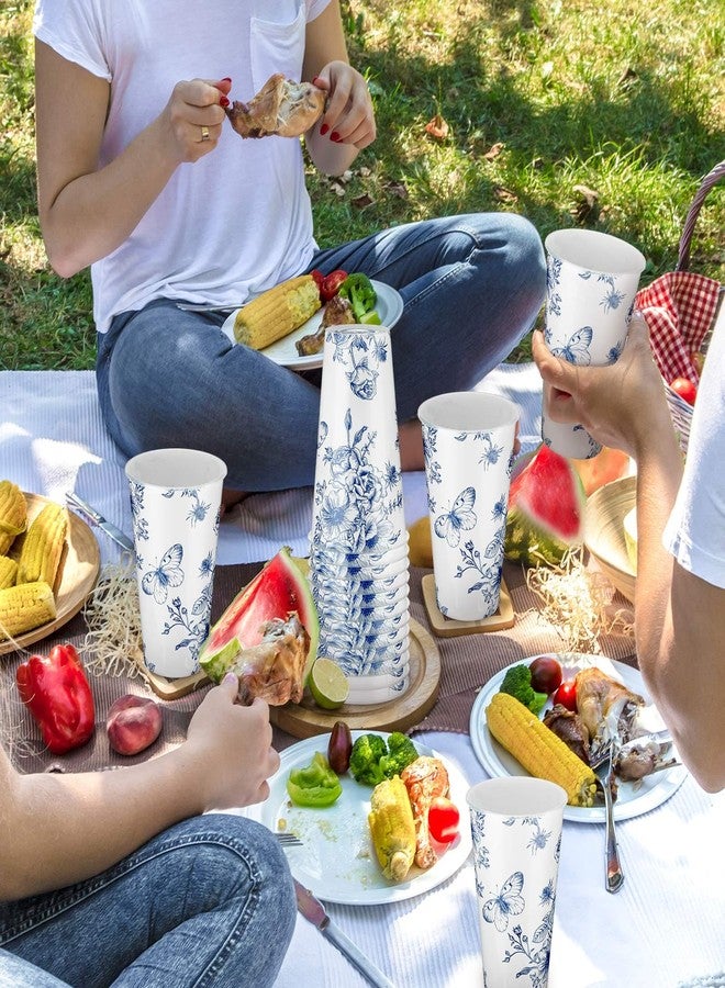 Layhit 50 Pcs 16 oz Blue and White Flower Disposable Cups Blue Chinoiserie Flower Plastic Cups Floral Party Decorations Hot Cold Drinks for Birthday, Bridal Shower, Tea Wedding Party - Image 5