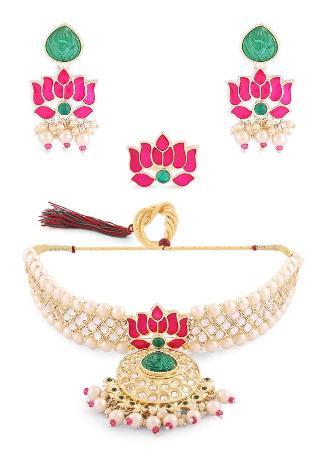 erorex Pink Green Meenakari Lotus Kundan Choker Necklace Earring And Ring Set For Women Zpfk15844  - Image 1